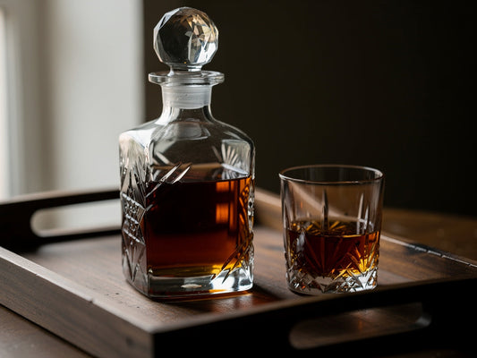 A glass whiskey decanter filled with amber whiskey next to a poured glass on a wood tray