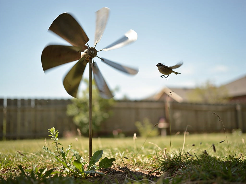 A wind spinner mounted in a backyard garden with a small bird flying past it.