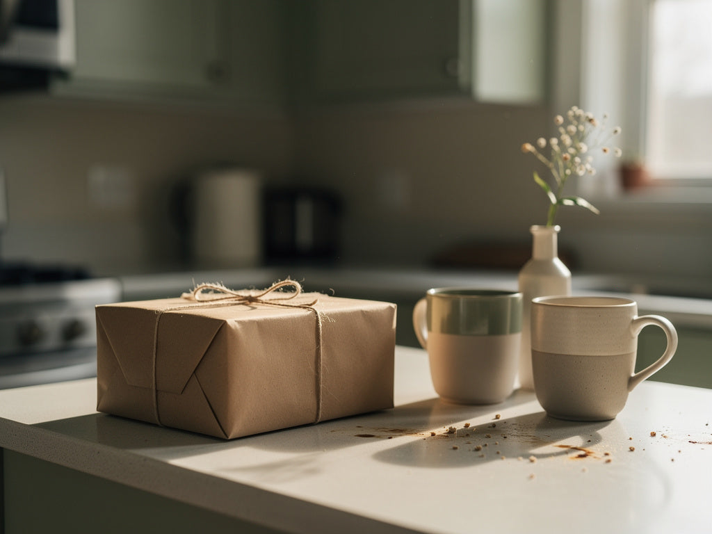 A wrapped engagement gift on a kitchen counter next to two coffee mugs in a shared apartment.
