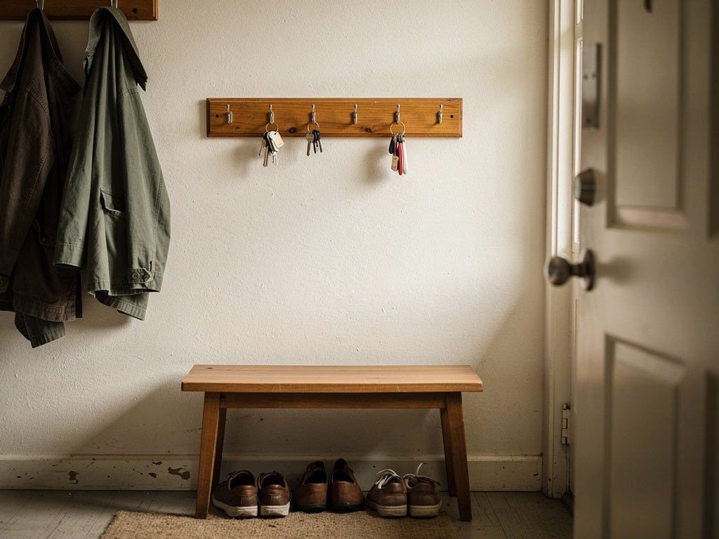 Entryway wall with a wood key rack holding several sets of keys above a bench