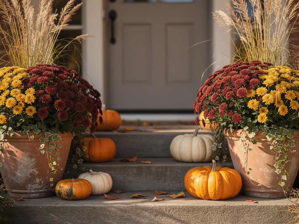 Two fall planters with mums and grasses flanking a front door with pumpkins on the steps.