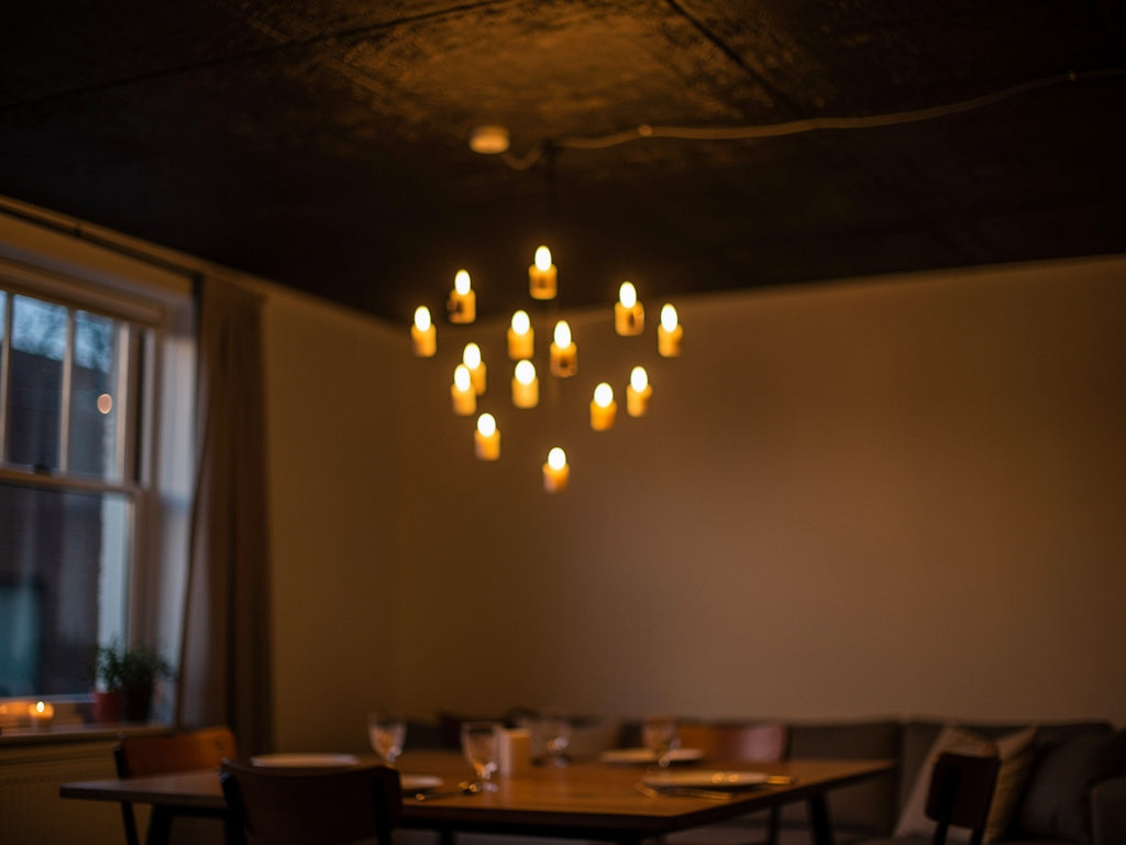 A group of small candle flames appearing to float above a dinner table at staggered heights