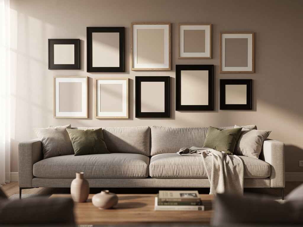 Gallery wall of mixed picture frames hung evenly above a living room sofa