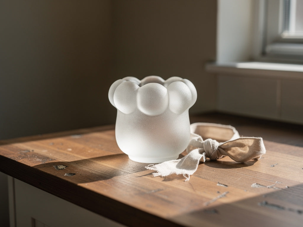 A frosted glass cat-paw shaped cup on a wood counter with a ribbon beside it