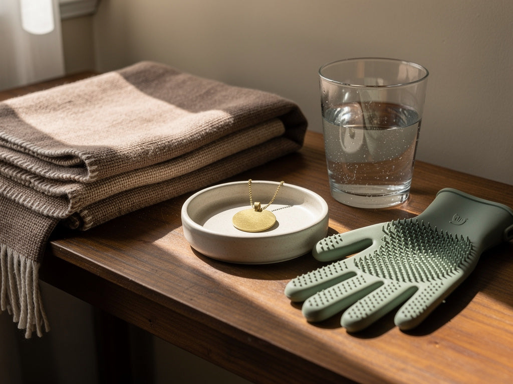 A still-life of gifts for a dog lover, including a throw blanket, a pendant, a tumbler, and a pet-hair glove, on a wood table.