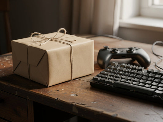 A wrapped gift box next to a game controller and keyboard on a desk
