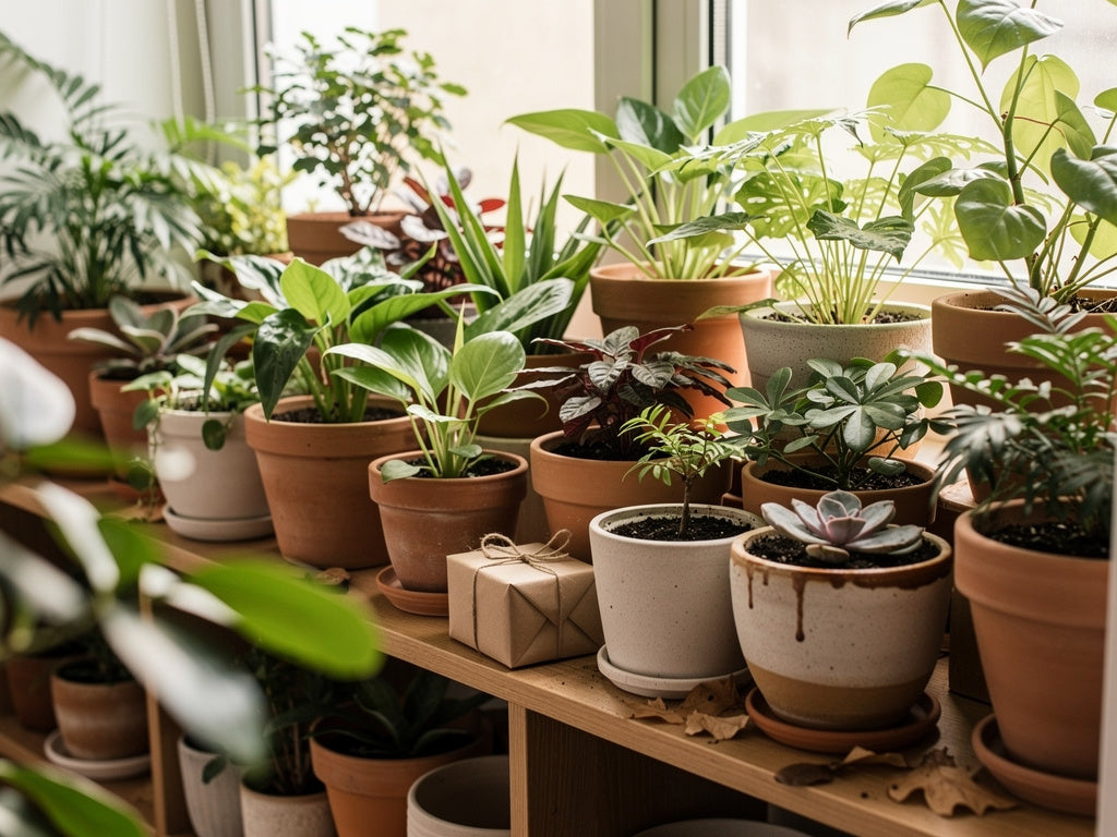 A crowded houseplant collection on shelves and a windowsill with a small wrapped gift tucked among the pots.