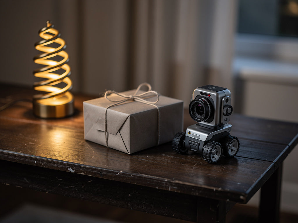 A wrapped gift box next to a small robot camera and a glowing gold spiral lamp on a console table.