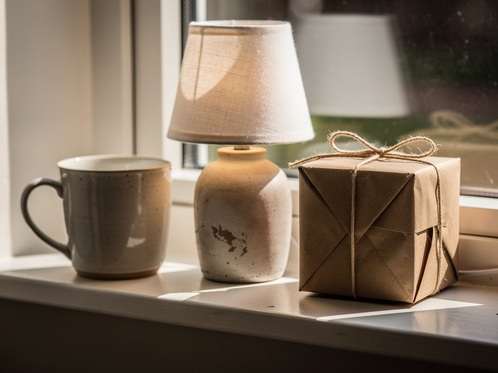 A mug, a small lamp, and a wrapped gift box arranged on a sunlit shelf