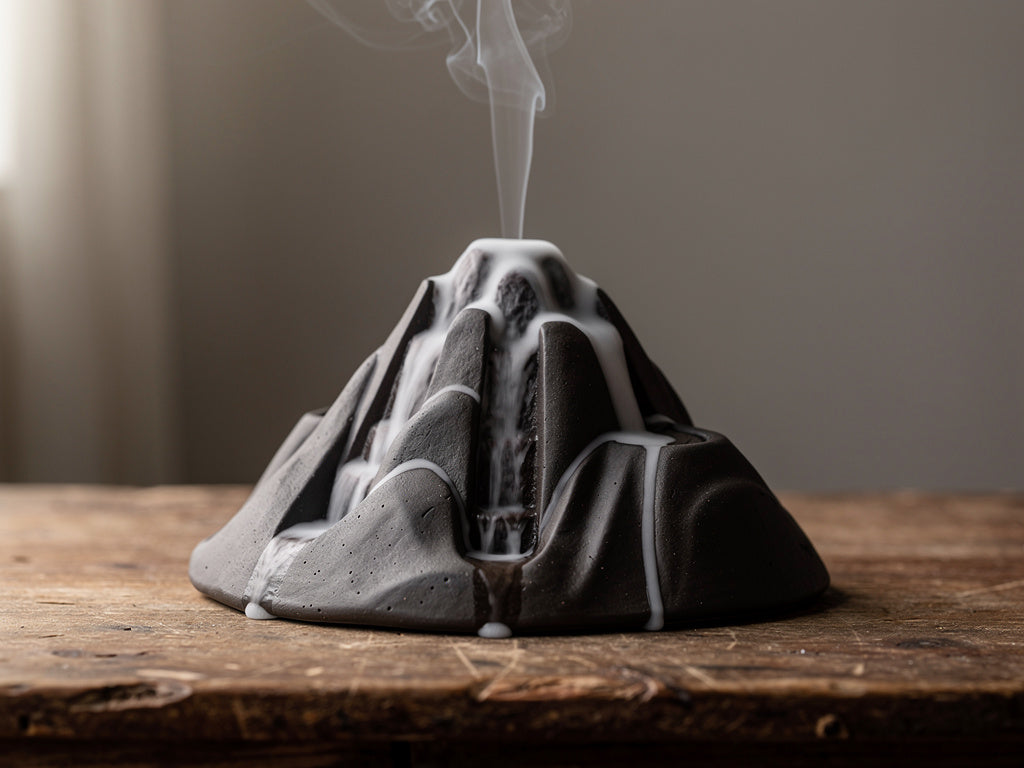 A mountain-shaped backflow incense burner with smoke cascading down its sides like a waterfall.