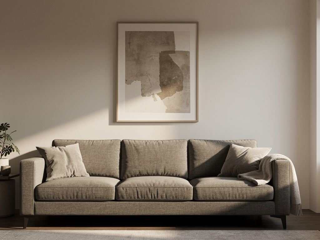 A large framed piece of art hung at the correct height above a living room sofa.