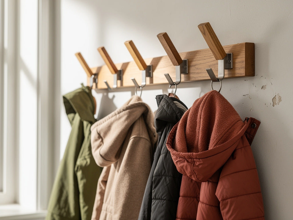 Coat hooks mounted at staggered heights on an entryway wall holding adult and child coats