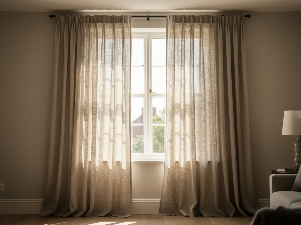 Living room curtains hung on a rod mounted near the ceiling, extending past the window frame on both sides.