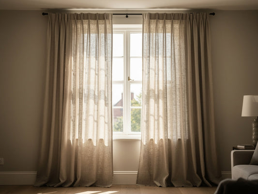 Living room curtains hung on a rod mounted near the ceiling, extending past the window frame on both sides.