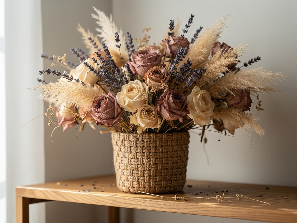 A dried flower arrangement of lavender and pampas grass in a woven vase on a shelf.