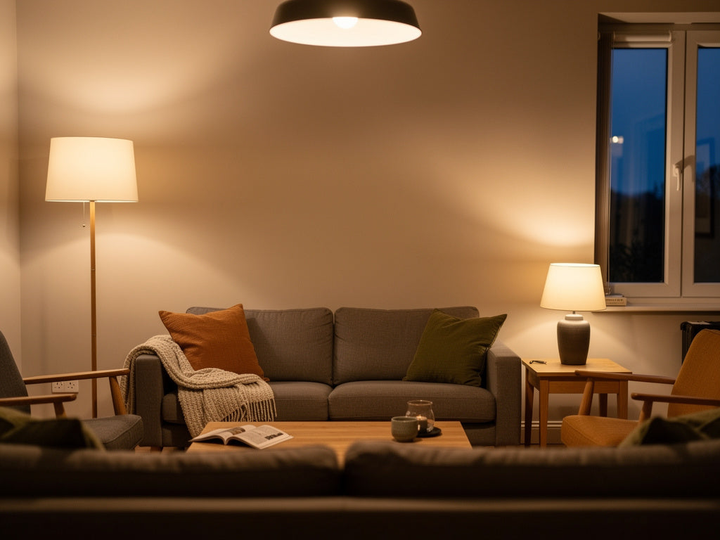A living room evenly lit at night by a floor lamp, a table lamp, and an overhead fixture working together