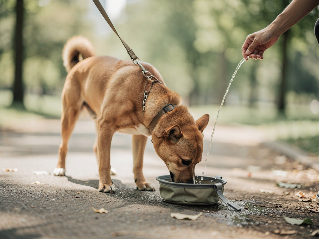 A dog drinking water from a small bowl during a walk in the park