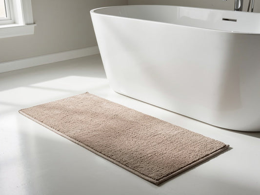 A folded bath mat resting on a bathroom floor beside a tub.