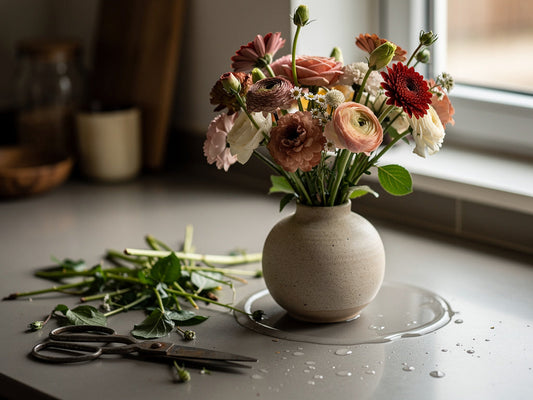 A partly arranged bouquet of flowers standing in a round vase on a kitchen counter.