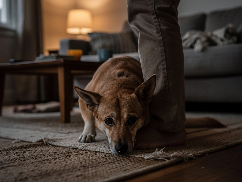 An anxious dog pressed against its owner's leg in a dimly lit living room