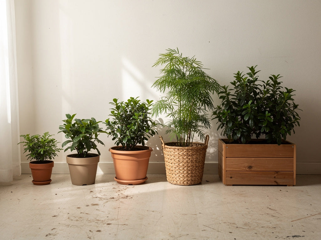 Five empty planters of increasing size, in terra cotta, plastic, and ceramic, lined up from smallest to largest