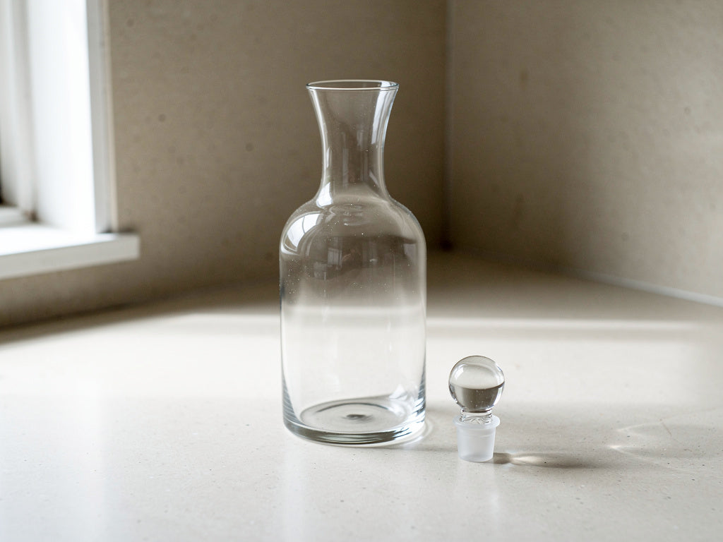 A clean glass decanter with its stopper set beside it