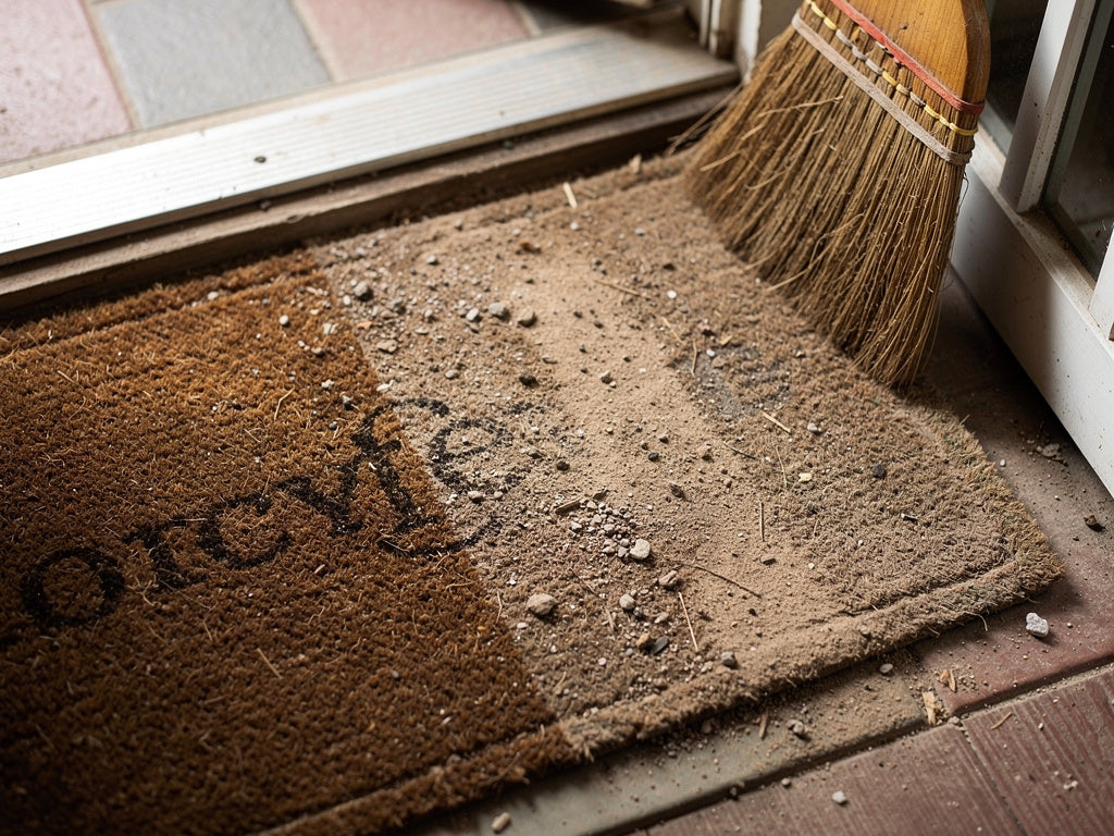 A doormat on a front step, partly cleaned, with a broom leaning beside it