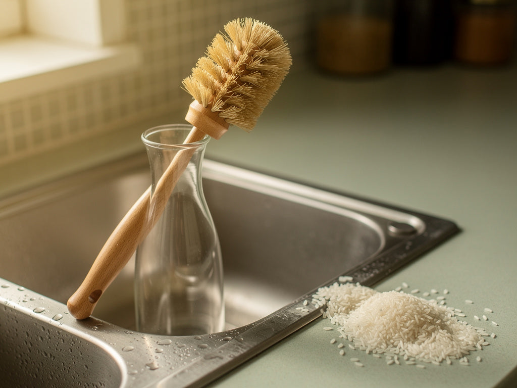 A narrow-neck glass vase in a kitchen sink next to a bottle brush and a small pile of dry rice