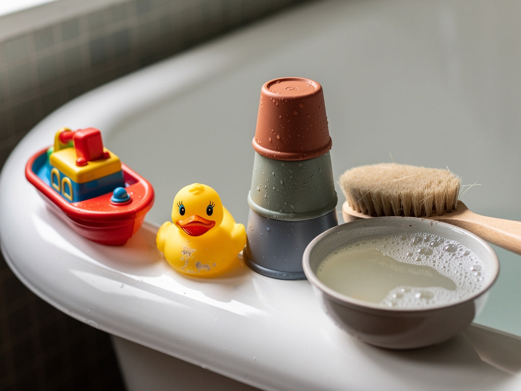 Colorful rubber duck and bath toys lined up on the edge of a tub next to a scrub brush and soapy water.