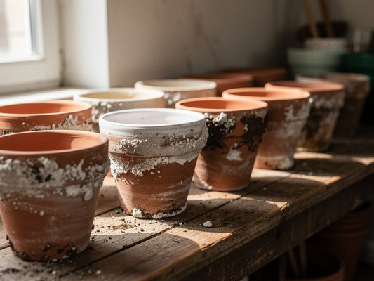 Dirty terracotta and ceramic plant pots crusted with mineral deposits lined up before cleaning.