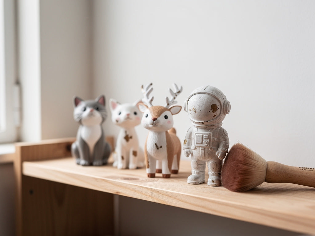 A small collection of painted resin figurines on a shelf beside a soft cleaning brush