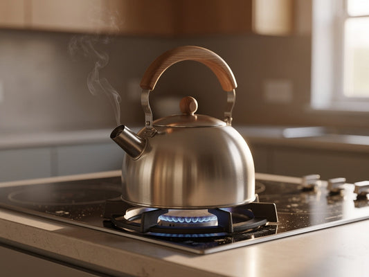 Stainless stovetop kettle steaming on a gas burner