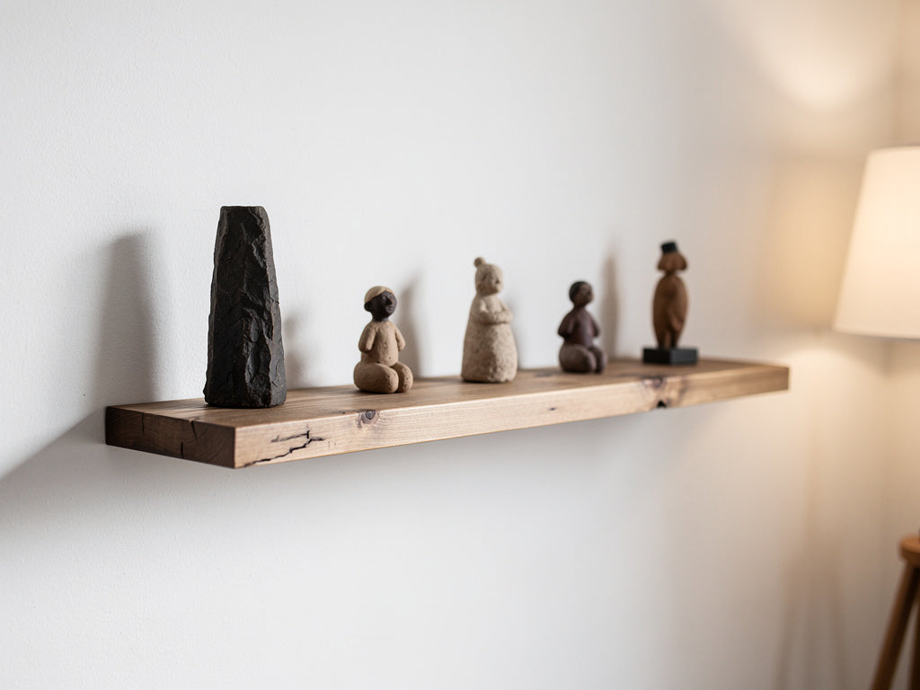 A floating shelf styled with a handful of figurines spaced apart at varying heights