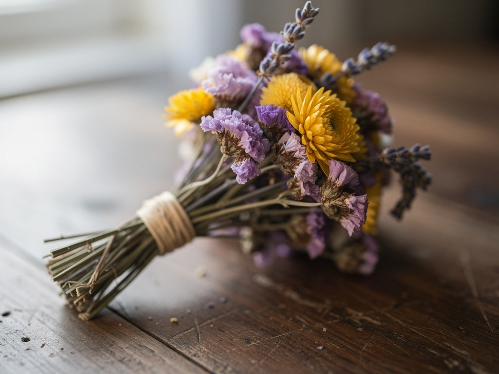 A small hand-tied bundle of dried purple statice, yellow strawflower, and lavender