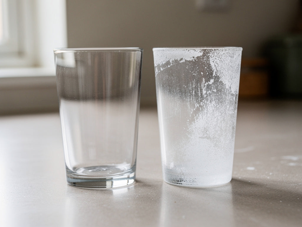 Two drinking glasses side by side, one clear and one covered in cloudy film