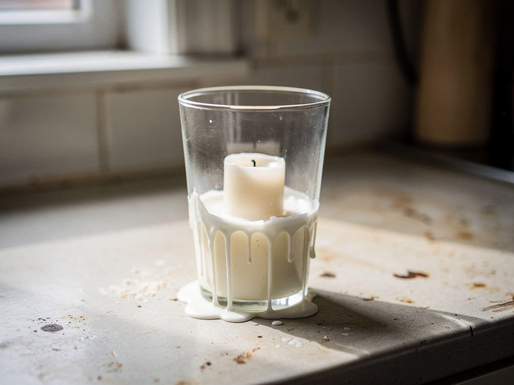 A glass candlestick holder with hardened wax built up inside the cup and dripped down the side