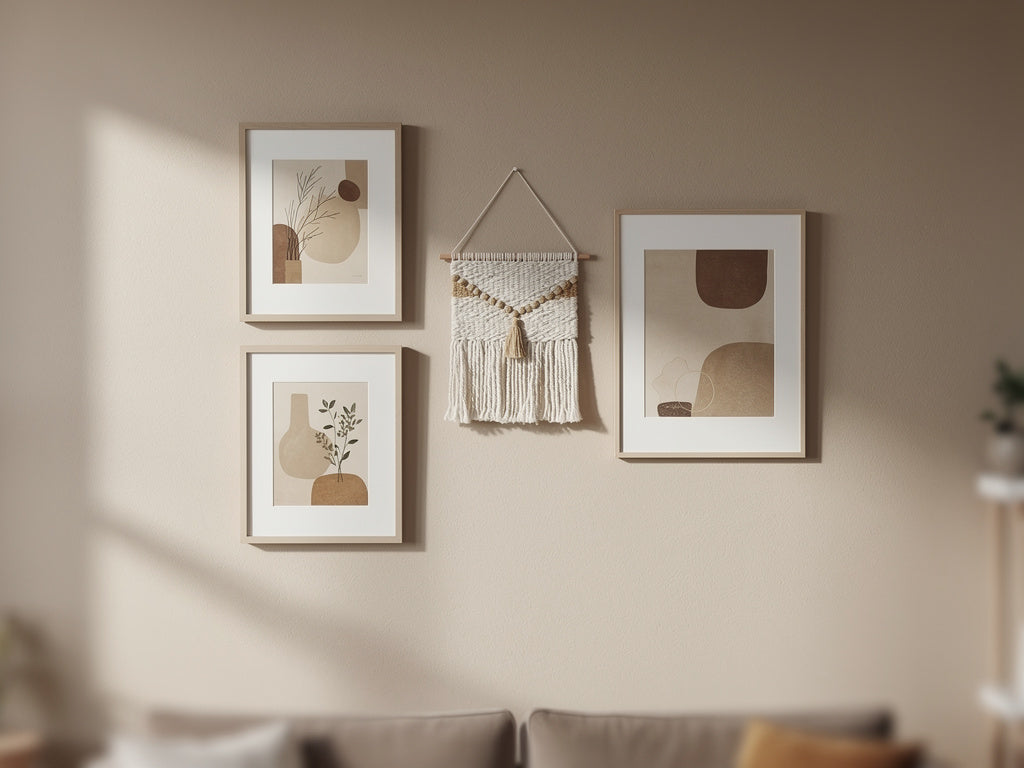 A living room wall with framed prints and a woven wall hanging arranged together without visible nail holes