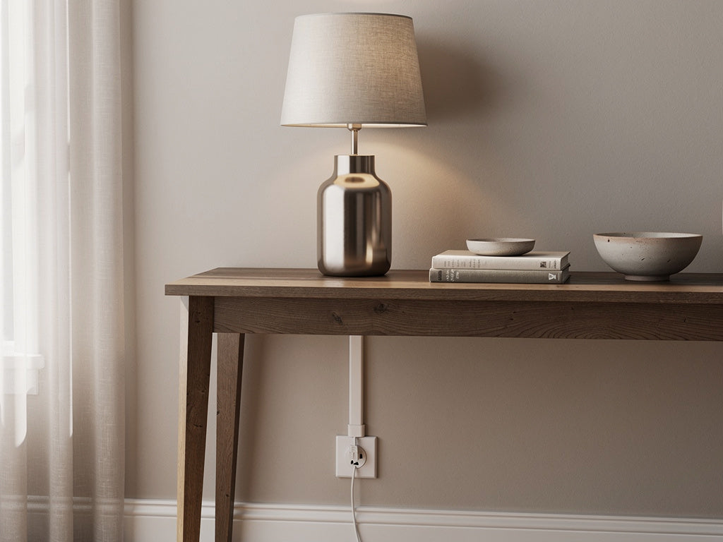 A lamp cord running down a wall inside a slim cord cover behind a console table.