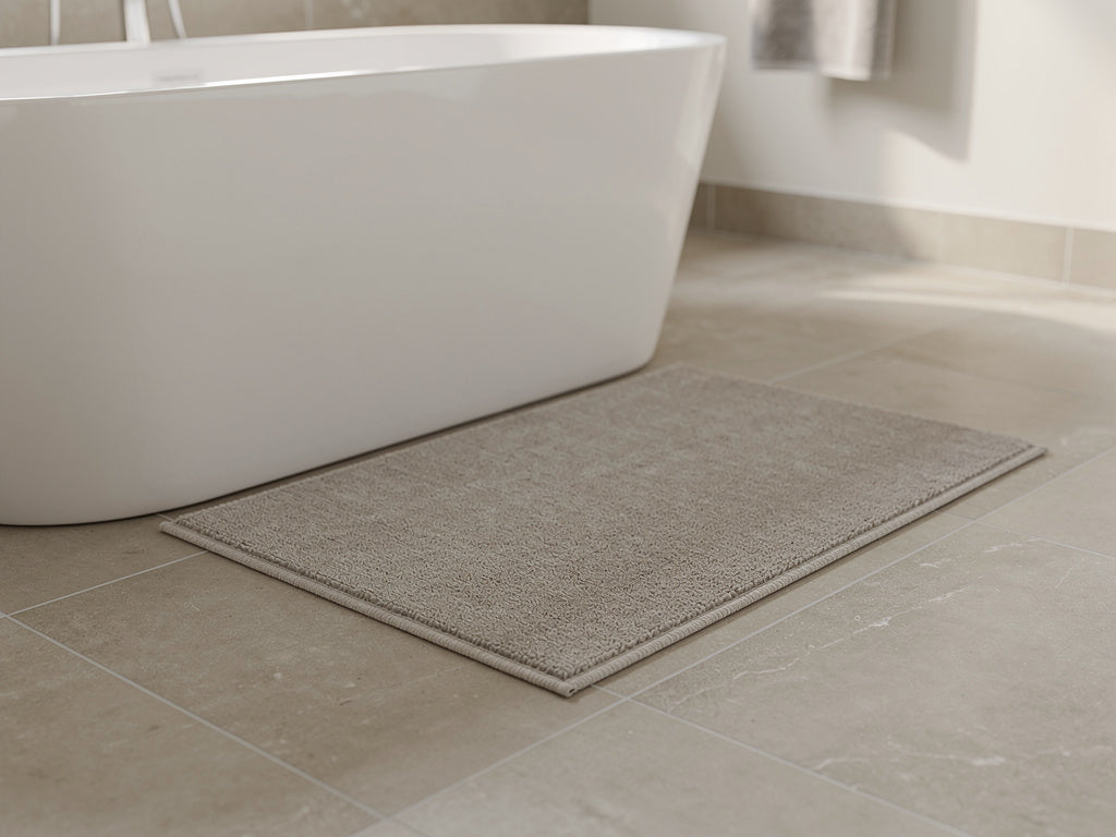 A bath mat lying flat and secure against the base of a bathtub