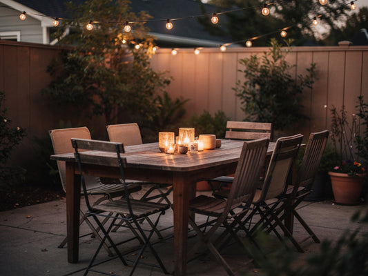 An outdoor patio set for evening dinner with grouped candles and string lights overhead.