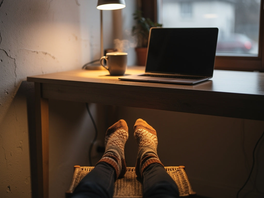 A person's feet in warm socks resting on a rug under a home office desk