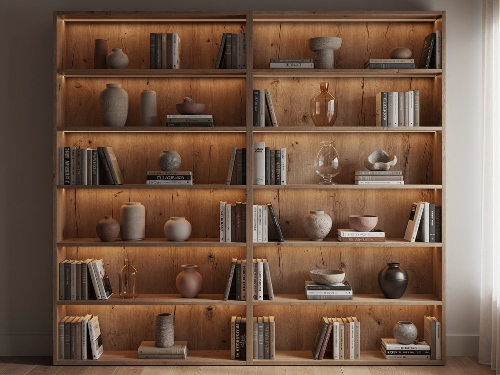 A tall wood bookshelf lit from underneath each shelf with warm LED light, showing books and a few decor objects.