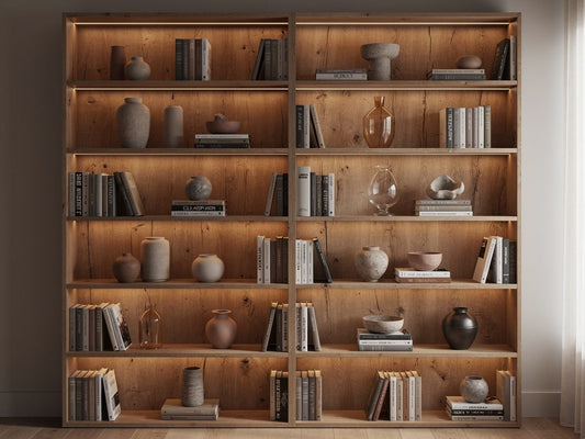 A tall wood bookshelf lit from underneath each shelf with warm LED light, showing books and a few decor objects.