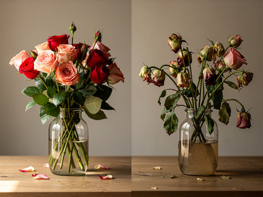 A fresh bouquet in a vase next to the same bouquet wilted, comparing vase life