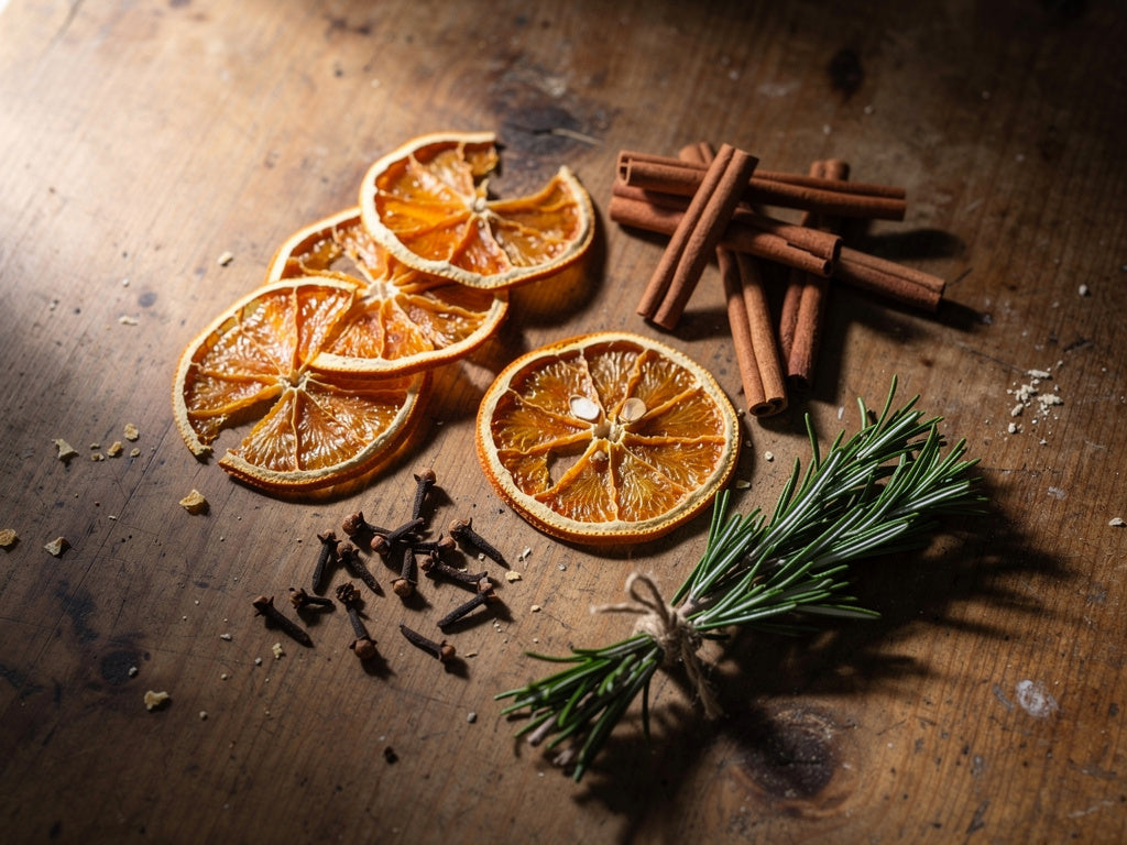 Dried orange slices, cinnamon sticks, cloves, and a rosemary bundle arranged on a wood table