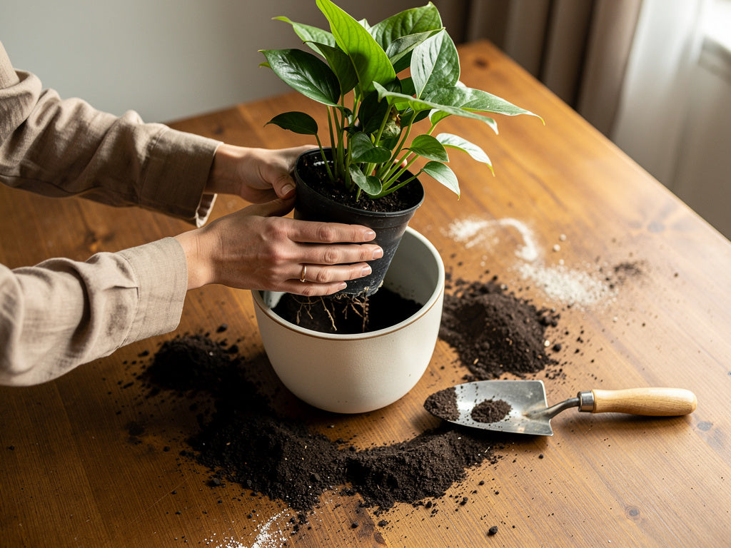 Hands repotting a leafy houseplant into a decorative ceramic planter