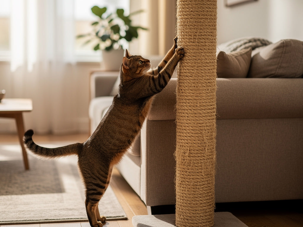 A cat stretching to scratch a tall sisal post set up right next to the couch