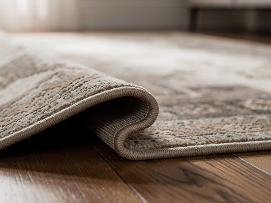 An area rug with one corner lifted off a wood floor