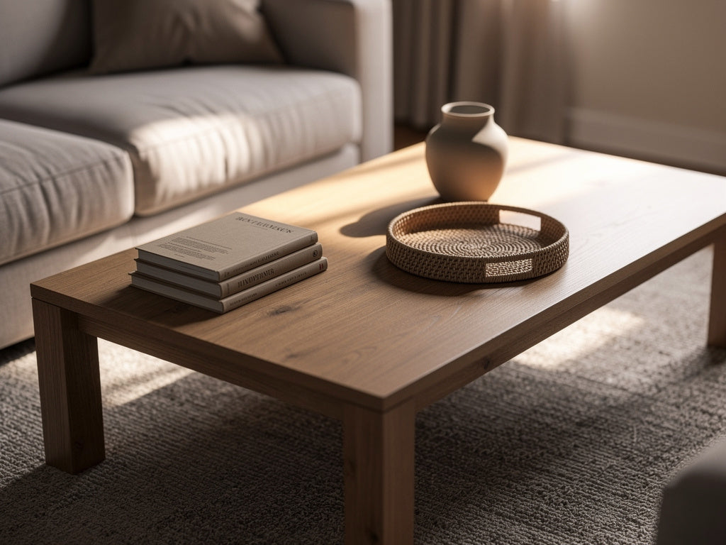 A styled wood coffee table with a tray, a stack of books, and a single vase, sofa visible in the background.