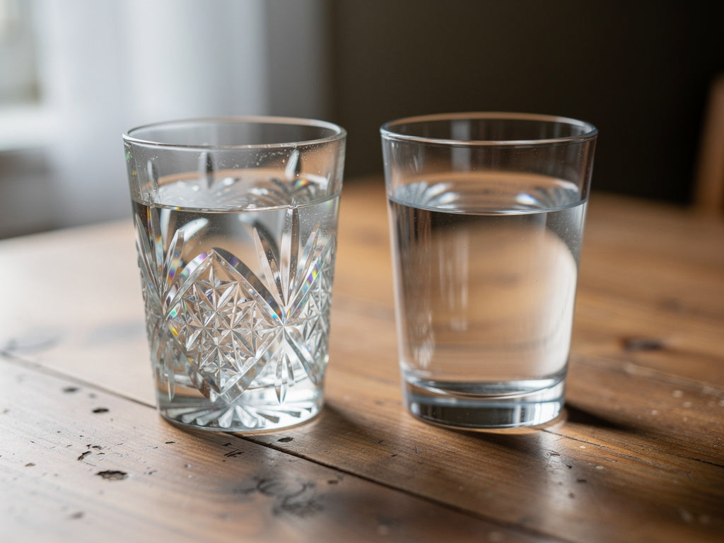 A sparkling cut crystal tumbler next to a duller plain glass tumbler of the same shape.